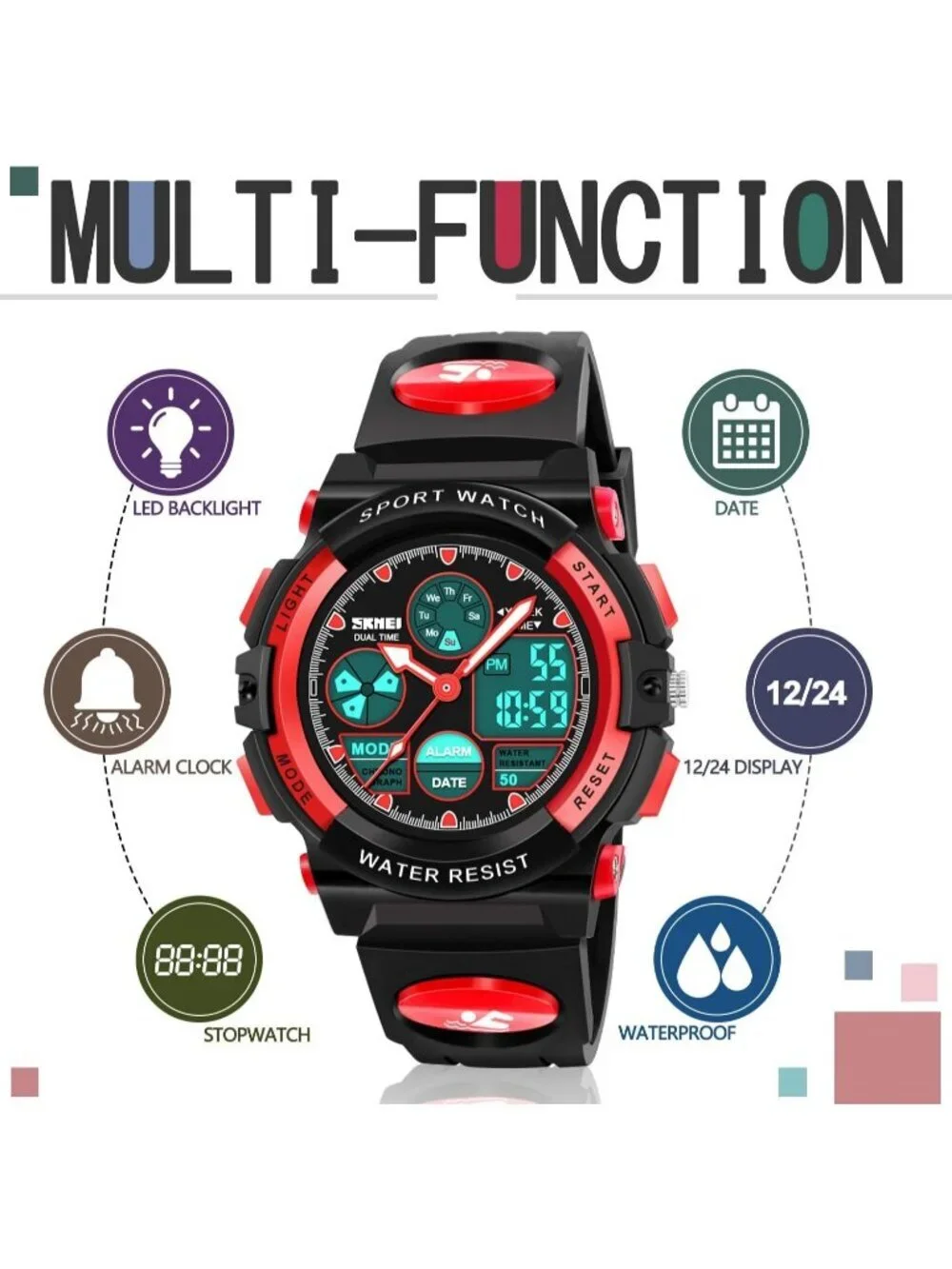 Kid's Black Red Analog Quartz Multi Function Waterproof Round LED Digital Watch